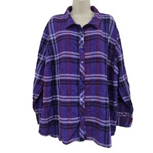 Catherines Tunic Top Women 2X 22/24W Purple Plaid Button Up Easter Spring Cozy
